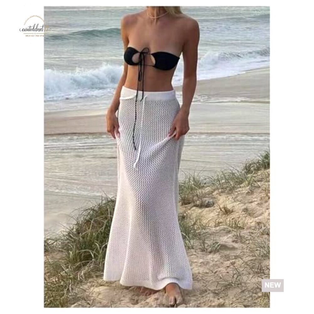 Women's Crochet Swim Skirt Cover Up Maxi Length Elastic Waist Beachwear - Picture 3 of 3